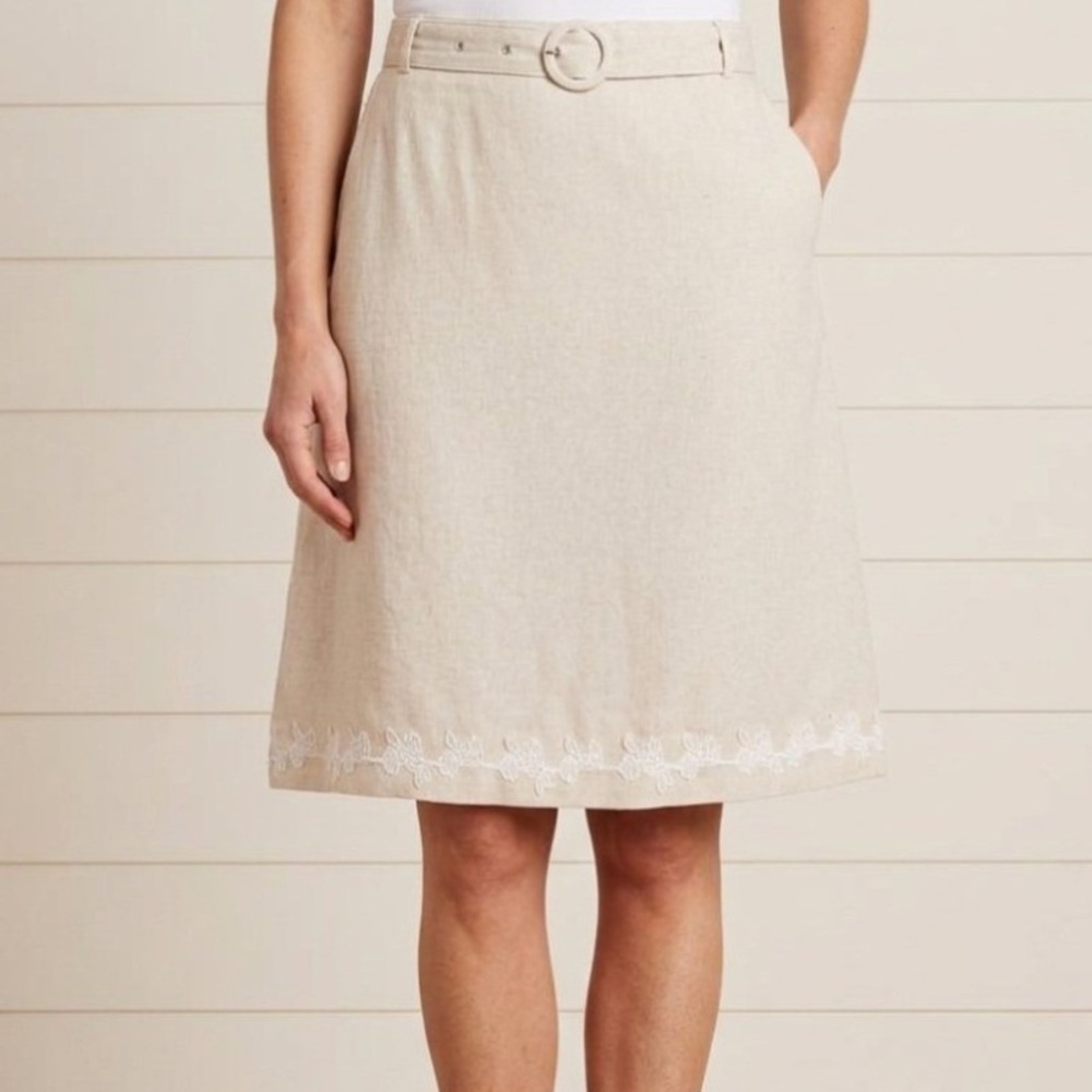 Palm Rio Skirt Women XL Beige Linen Blend Floral Lace Hem Belted Coastal Grandma